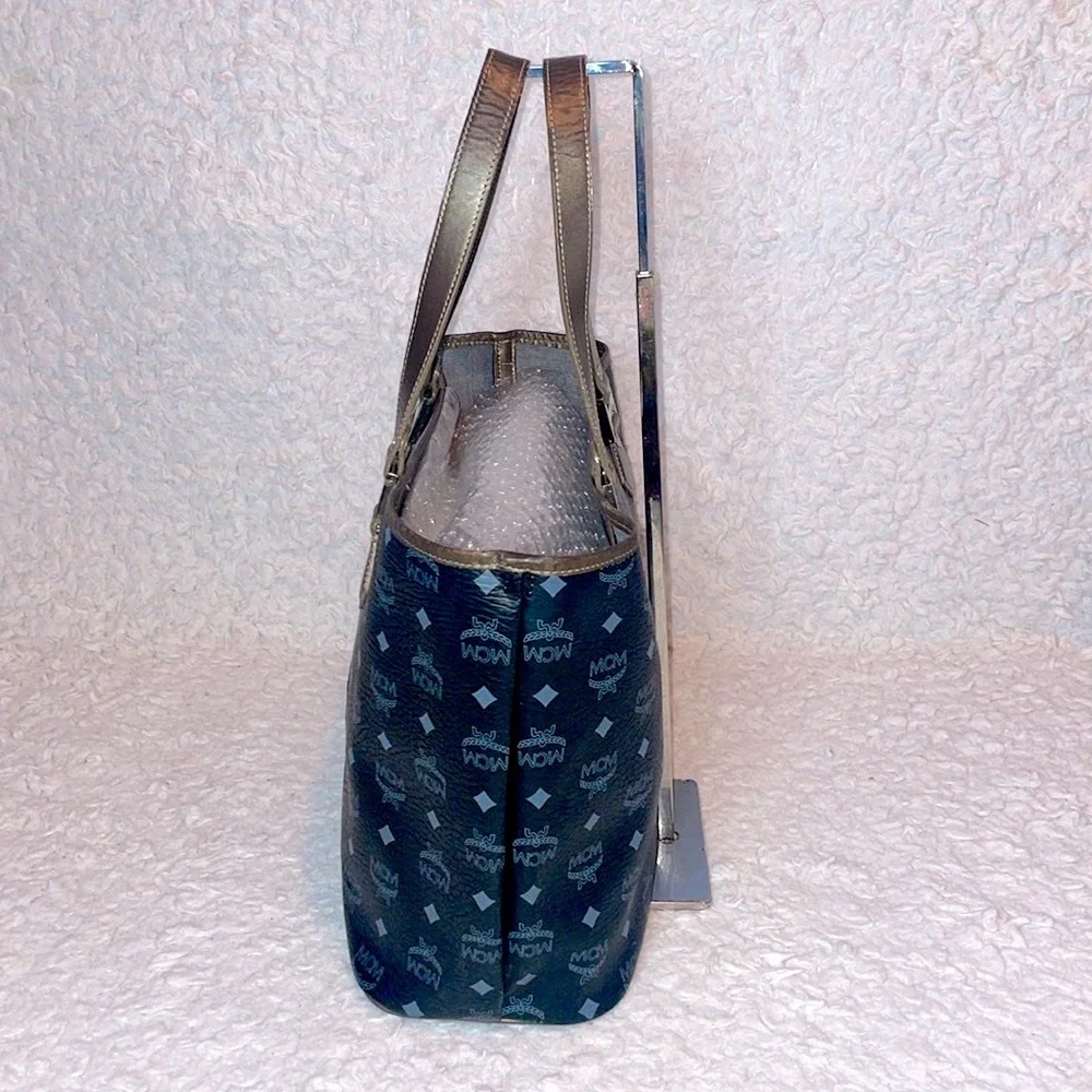 MCM Visetos Monogram Princess Lion Snakeskin Stripe Shoulder Bag Tote in Black - Picture 8 of 17